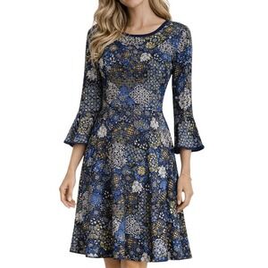 Michael Kors Women XS Blue Mosaic Print Fit Flare Dress 3/4 Sleeve